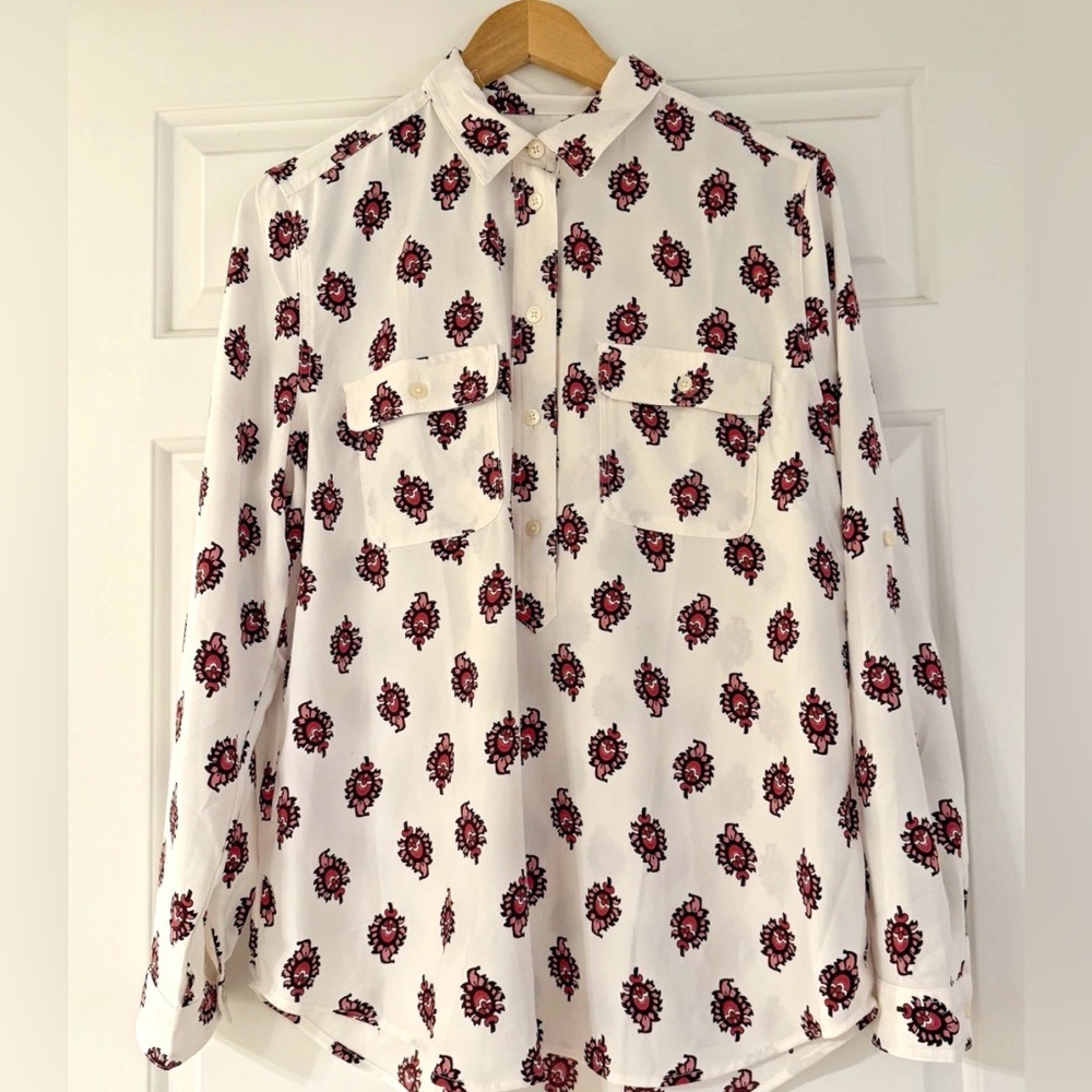 Ann Taylor LOFT Popover Tunic Blouse Shirt Top Pockets Button Roll Tab Sleeve L